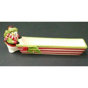 Fitz and Floyd Christmas Snowman Cracker Cradle Olive Tray